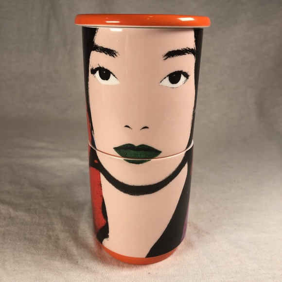 Shanghai Tang Stacking Mugs With Lid Orange Female Face Green Lipstick Abstract - Picture 1 of 14